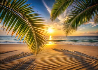 Fototapeta premium Palm tree leaves casting a warm shadow on a sandy beach at sunset