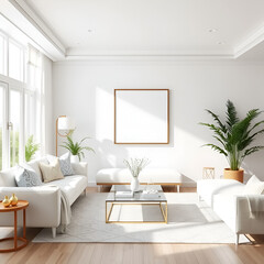 Bright living room interior with white furniture and a framed hi print