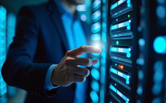 Businessman touching circuit of technical support and networking infrastructure. Remote troubleshooting services, IT system maintenance, network performance monitoring, customer issue resolution.