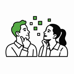 Green haired man woman thoughtful conversation green squares 1