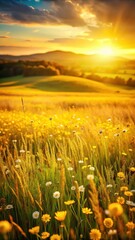 A golden-hued meadow with wildflowers swaying gently in the breeze
