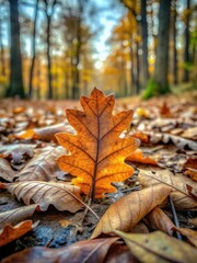 A lone oak leaf lying on a forest floor amidst fallen leaves and twigs