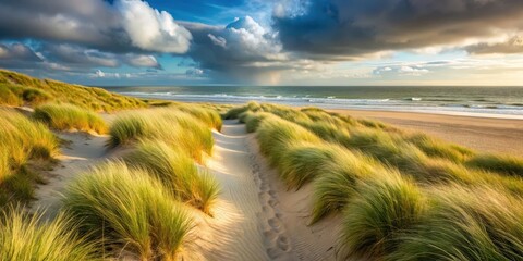 path through the dunes with beach grass on the North Sea coast