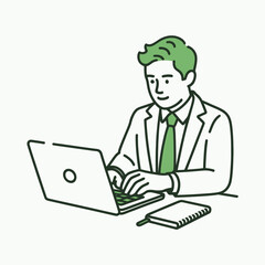 Green Suit Man Typing Laptop Notebook Desk Illustration