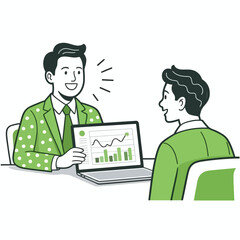 Green Suit Advisor Shows Client Laptop Financial Graph 1
