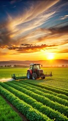 Tractor spraying pesticide and fertilizer on a green field at sunset with a farm in the background