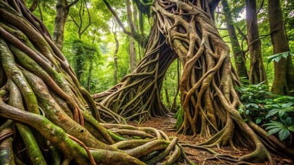 Twisted vines entwined around ancient tree trunks in a dense jungle atmosphere
