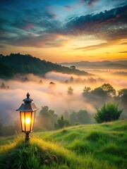 serene landscape with a lone lantern standing on a hilltop surrounded by lush green trees and misty fog at dawn