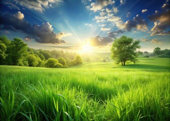 Serene meadow landscape with lush green grass swaying gently in sunlight