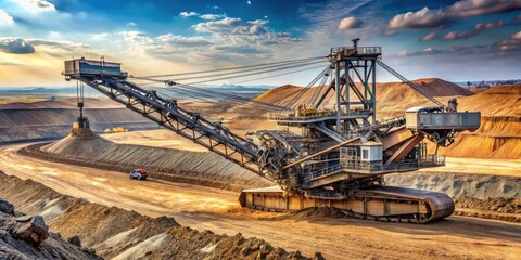 Large bucket-wheel excavator moving massive dirt and rocks at open-pit coal mine site