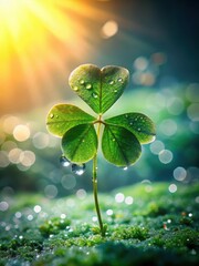 A delicate four-leaf clover sitting on a dewy green leaf with tiny water droplets glistening on its leaves and stem