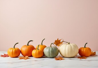 Vibrant Pumpkins and Autumn Leaves on a Marble Surface