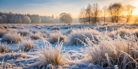 Frosted landscape with dry grass