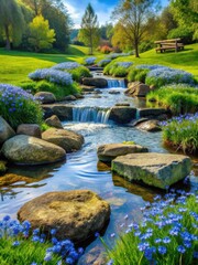 Serene landscape with water flowing through stones and blue flowers surrounded by lush green grass