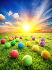 Colorful tennis balls scattered on a bright green grass field with a sunny sky