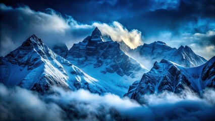 Frosty mountain peaks shrouded in a darkening blue haze as snowfall intensifies