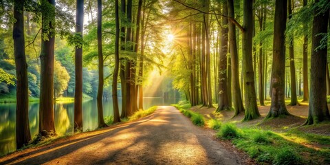 Serene forest path lined with tall trees and surrounded by a tranquil lake view with flecks of sunlight filtering through the canopy above