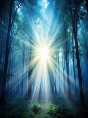 Soft ethereal glow emanates from a celestial beam in a darkened forest