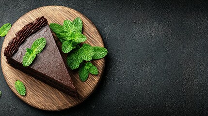 Chocolate cake slice with fresh mint leaves on a wooden board.