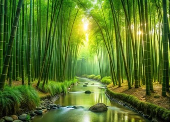 Serene bamboo forest with winding stream flowing gently through lush greenery and towering bamboo stalks
