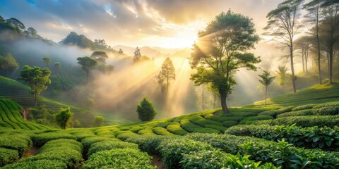 Misty tea garden in the morning with tea plants and sunlight filtering through the trees