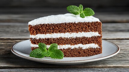 Chocolate cake slice with whipped cream and mint.