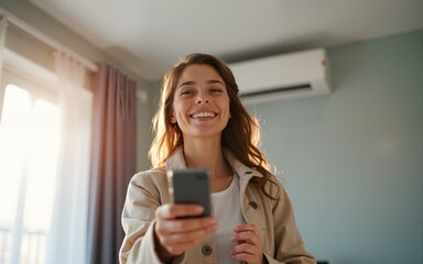Smiling woman with remote control enjoys cool air from mini split conditioning system. High quality
