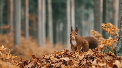 A red squirrel amidst autumn leaves.