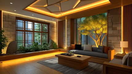  Tranquil Interior: A modern living room bathed in warm ambient light, showcasing a harmonious blend of nature and contemporary design, evokes a sense of serenity and elegance.