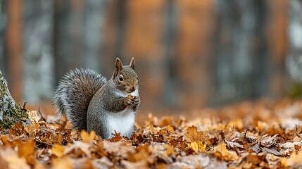 Grey squirrel feeding on a nut amidst autumn leaves.