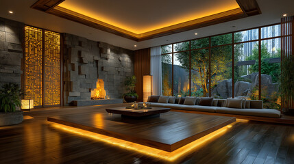 Modern Zen Living Room: A serene and stylish living room with modern Zen design features a raised wooden platform, a stone fireplace, large windows overlooking a tranquil garden.