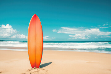 Surfboard on tropical beach background. Vintage tone color style. Generative ai