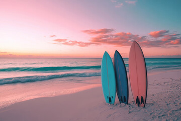 Surfboard on tropical beach background. Vintage tone color style. Generative ai