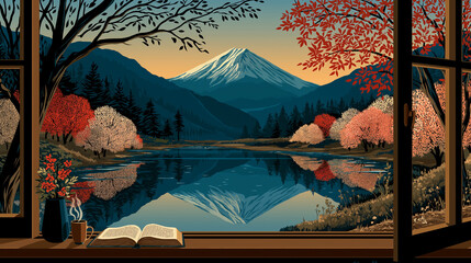 Tranquil Mountain View: A breathtaking landscape unfolds beyond an open window, showcasing a serene view of a majestic mountain reflected in a placid lake.