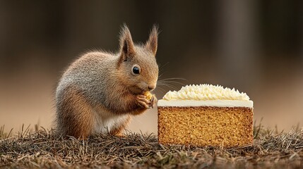 Red squirrel enjoys a slice of cake.