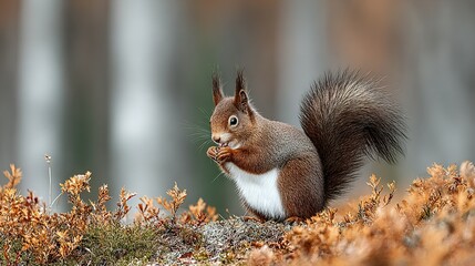 A red squirrel enjoys a nut in a natural habitat.
