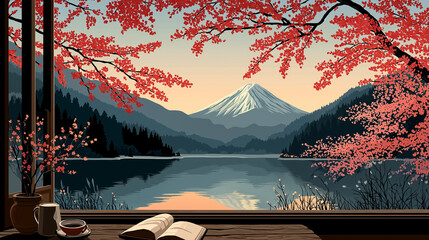Cherry Blossoms Frame Tranquil Mountain View: A captivating view of a majestic snow-capped mountain peak reflected in serene waters, framed by delicate cherry blossoms.