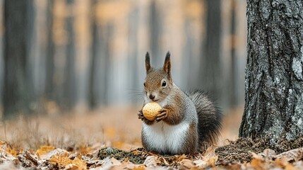 A squirrel holds a nut in a forest setting.