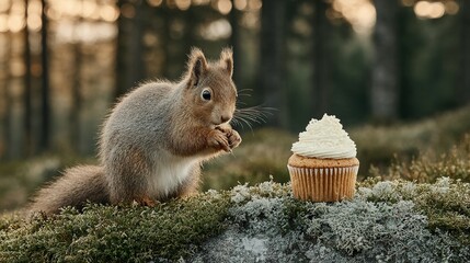 Squirrel and cupcake in a forest setting.