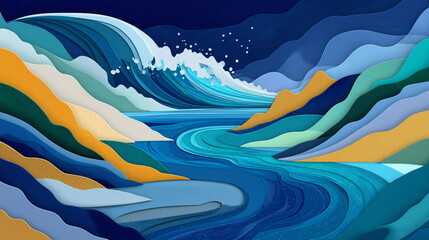 "Flowing Colors of the Ocean: An abstract illustration depicting the dynamic dance of ocean waves and water.