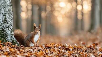 Red squirrel in autumn forest with fallen leaves.