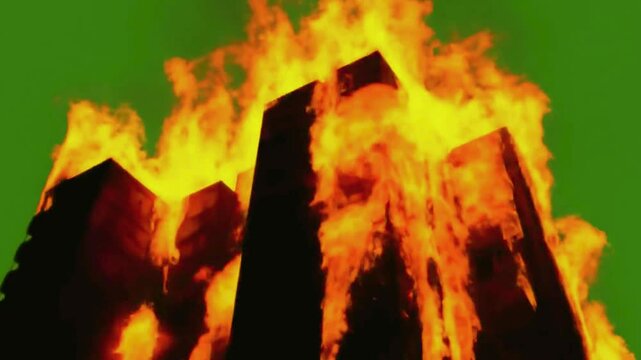 4K Video of Burning Buildings: A dramatic view of fire engulfing a building, flames reaching for the sky, symbolizing destruction, chaos, and the destructive power of uncontrolled forces.