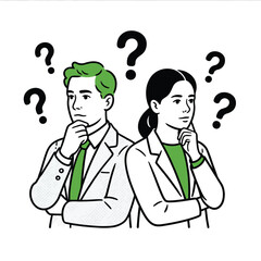 Thoughtful Man Woman Green Suits Question Marks thinking 1