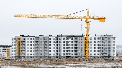 Yellow construction crane in front of a multi-story apartment building under construction.