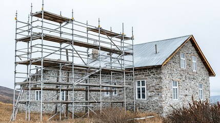 Stone building under construction with scaffolding.