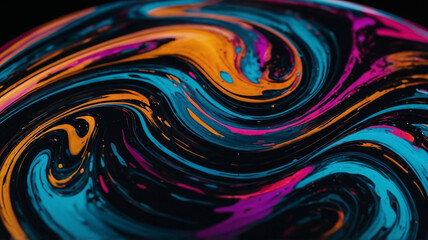 Obraz premium Abstract colorful neon liquid swirl, black background, vibrant color contrast