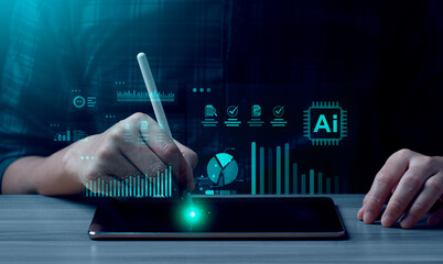 AI-powered business analytics dashboard on digital tablet with pie charts, graphs, checklists. Hand...