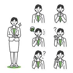 Woman in Green and White Suit Various Poses Illustrations
