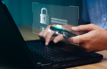 Naklejka na ściany i meble Cybersecurity login interface on laptop and smartphone, user accessing secure system with password authentication, digital data protection, identity verification, encrypted access control technology