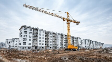 Construction site with a large crane and apartment buildings under construction.